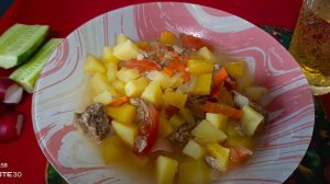 Мукбанг// Тушёная Картошка С Кабачком И Мясом.Огурчик Редис И Немного Лимонада