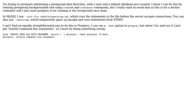 Databases: PostgreSQL equivalent of mysqld --bootstrap or mysqld --init-file смотреть онлайн