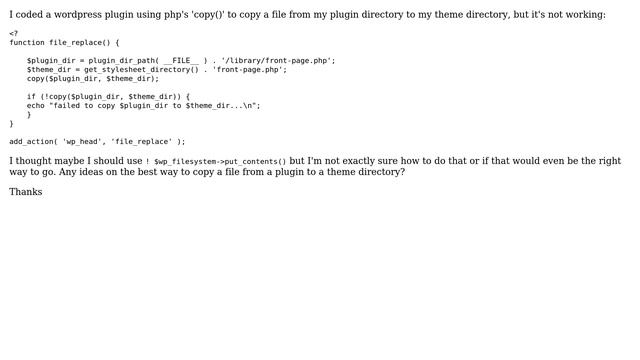 Wordpress: Copy a file from a plugin into my theme directory смотреть онлайн