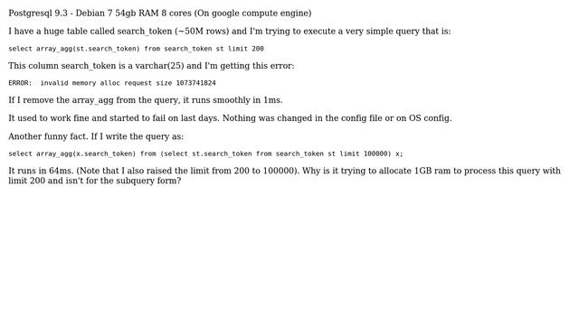 Databases: invalid memory alloc request size on simple query with array_agg on Postgres 9.3 смотреть онлайн
