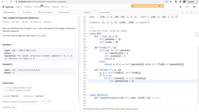 Leetcode 128. Longest Consecutive Sequence - union-find solution смотреть онлайн