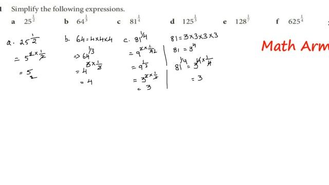 Simplify 1.〖25〗^(1/2) 2. 〖64〗^(1/3) 3. 〖81〗^(1/4) 4. 〖125〗^(1/7) 5. 〖128〗^(1/7) 6. 〖625〗^(1/4) смотреть онлайн