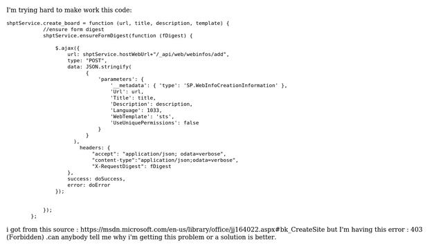 Sharepoint: REST api 403 (Forbidden) error for creating site смотреть онлайн