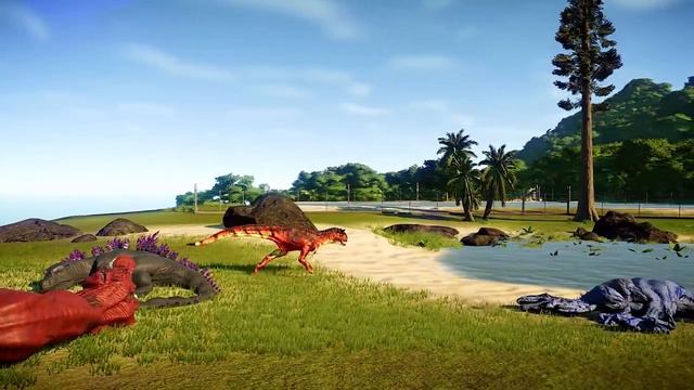 Jurassic World Evolution Godzilla vs Blue Malusaurus vs 3Head Red T-Rex Dinosaurs Fight смотреть онлайн
