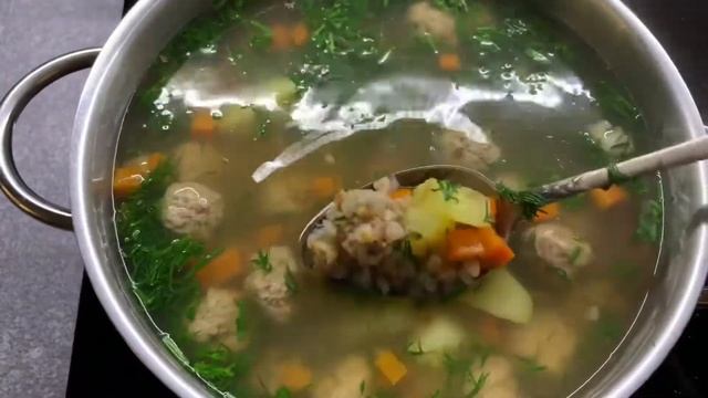 Суп с фрикадельками и гречкой. Процесс приготовления. смотреть онлайн
