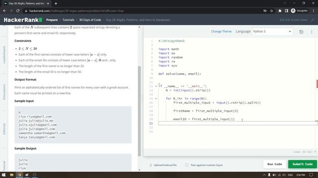 HackerRank 30 Days of Code | Day 28: RegEx, Patterns, and Intro to Databases | Python смотреть онлайн
