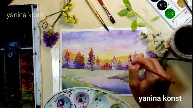 Рисуем пейзаж акварелью. Закат акварелью. смотреть онлайн