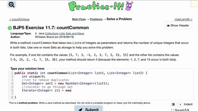 Java Practice It | Exercise 11.7: countCommon | collections, lists, sets and maps, iterator смотреть онлайн