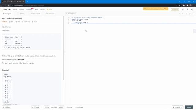 LeetCode Challenge 180 MS SQL: Consecutive Numbers смотреть онлайн