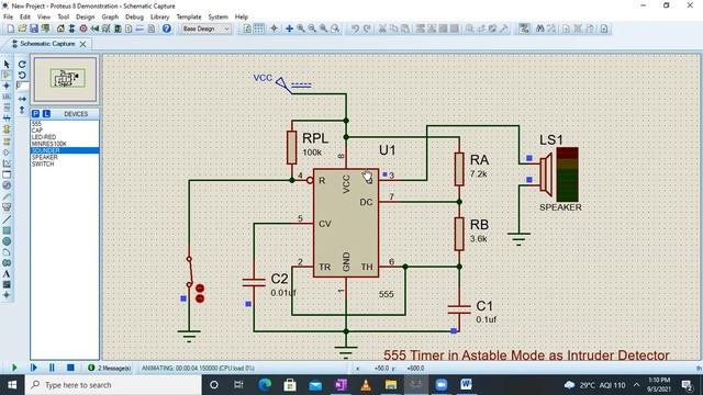 Intruder Detector using 555 timer (Simulation in Proteus) смотреть онлайн
