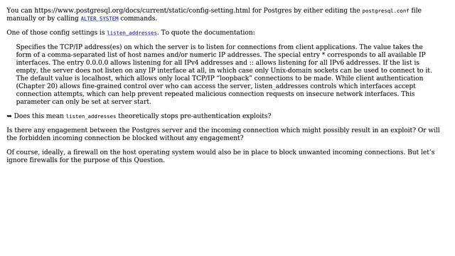 Can `listen_addresses` system configuration setting in Postgres stop pre-authentication exploits? смотреть онлайн