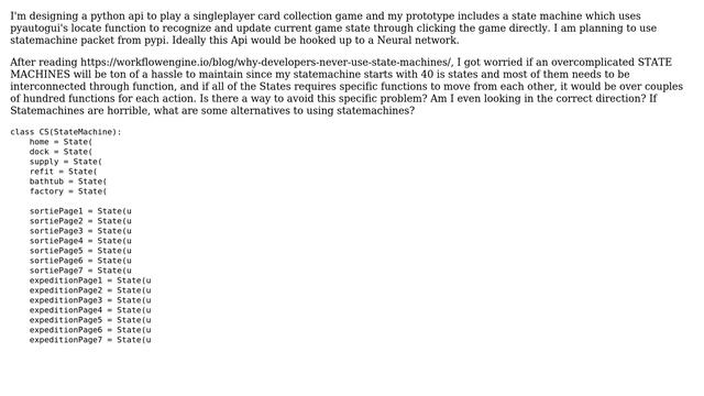 I'm designing a python api to play a singleplayer game. should I use statemachine with different... смотреть онлайн