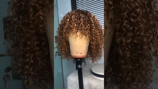 short brown highlight curly human hair wig with bangs Brazilian hair kinky curl wig for Black Women