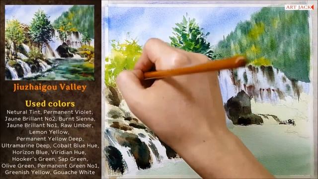Watercolor landscape | How to paint chinese jiuzhaigou Valley | Easy tutorial [ART JACK] смотреть онлайн