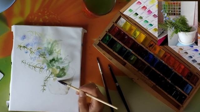 Картина акварелью Незабудки в ведёрке. Рисуем с натуры. смотреть онлайн