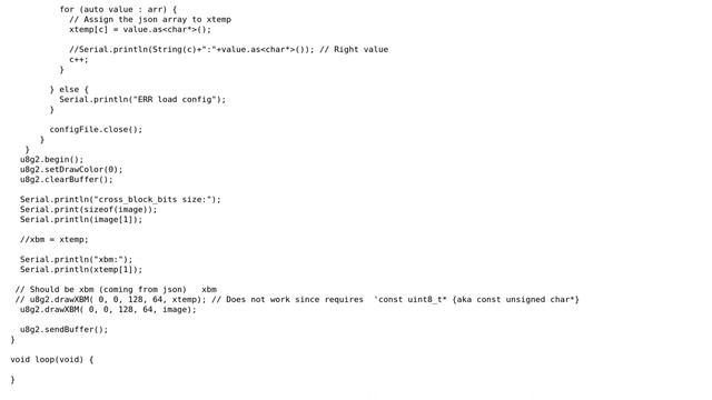 Arduino: Stuck reading an XBM image from JSON (U8g2lib) смотреть онлайн