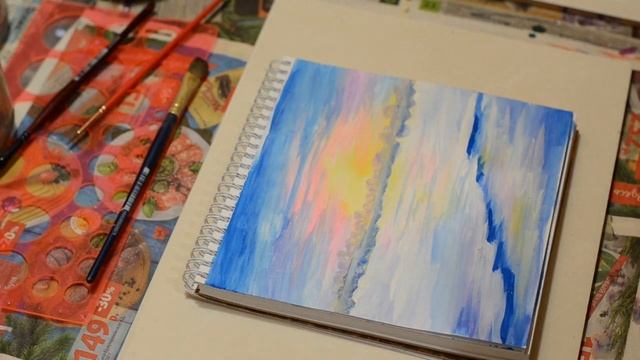 Зима. Пейзаж. Рассвет. Гуашь. смотреть онлайн