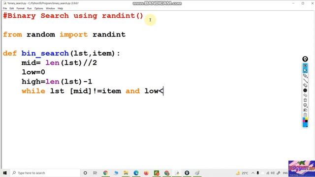 Python Program to Binary search using randint() method смотреть онлайн