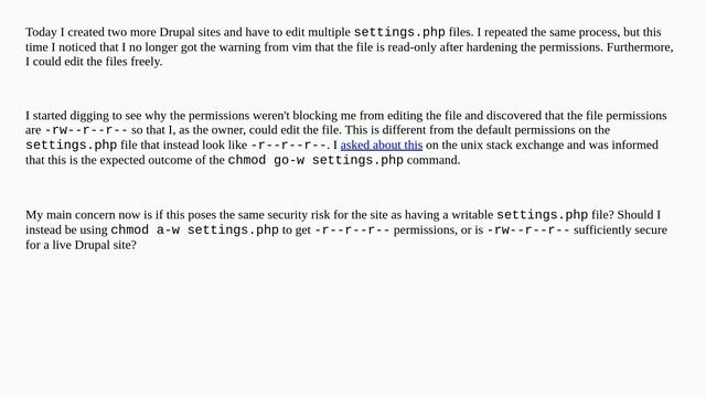 Drupal: Am I hardening the permissions in settings.php correctly? смотреть онлайн