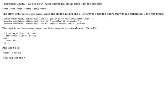 Ubuntu: "Error found when loading /etc/profile" on login after upgrade смотреть онлайн