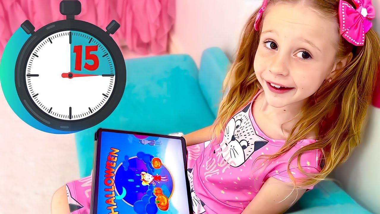 Настя учится определять время по часам во время Хэллоуина. Видео для детей. смотреть онлайн