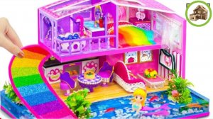 Розовый миниатюрный двух этажный домик с аквариумом вокруг для домашних животных из картона /157