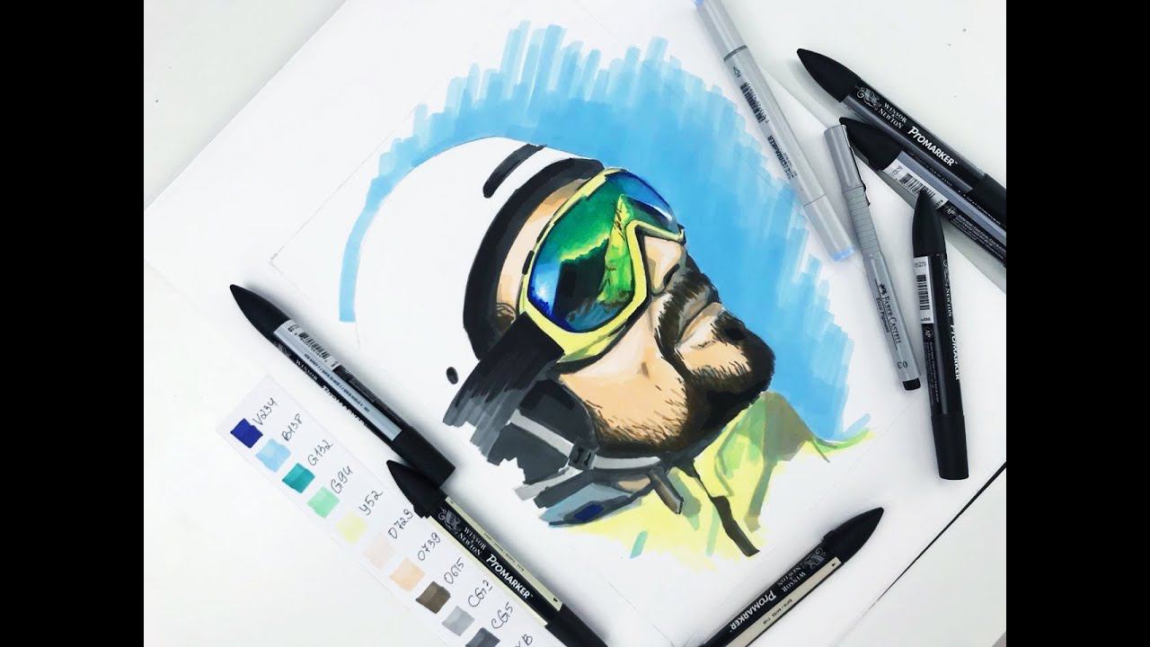Мастер-класс по скетчингу маркерами «Горнолыжник». Рисуем спиртовыми маркерами портрет мужчины. смотреть онлайн