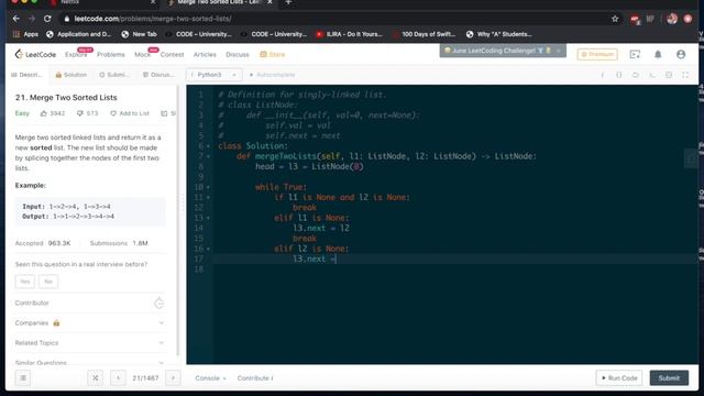 Leetcode: Merge Two Sorted Lists Python Solution смотреть онлайн