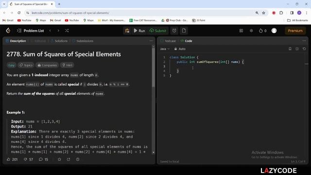 LeetCode in Java | Problem Solving in Arrays : Easy Question | Sum of Squares of Special Elements смотреть онлайн