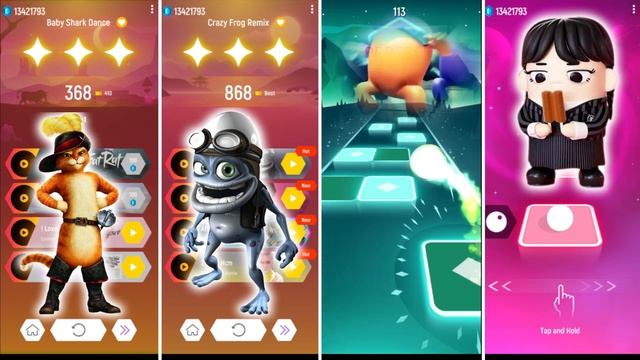 Puss in Boots VS Crazy Frog VS Among Us VS Sigma Wednesday Tiles Hop EDM Rush смотреть онлайн