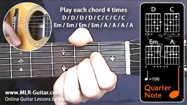 Beginners Guitar Lessons : "Major & Minor Chords - Exercise 2 : D / C / Em / A" смотреть онлайн