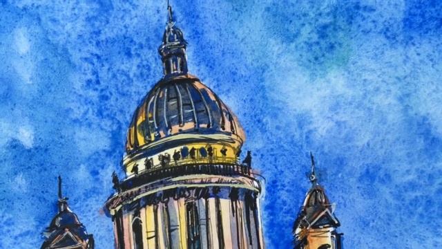 Sketch Saint Isaac's Cathedral. White Night. Watercolor. Скетч Исаакиевский собор. Белая ночь. смотреть онлайн