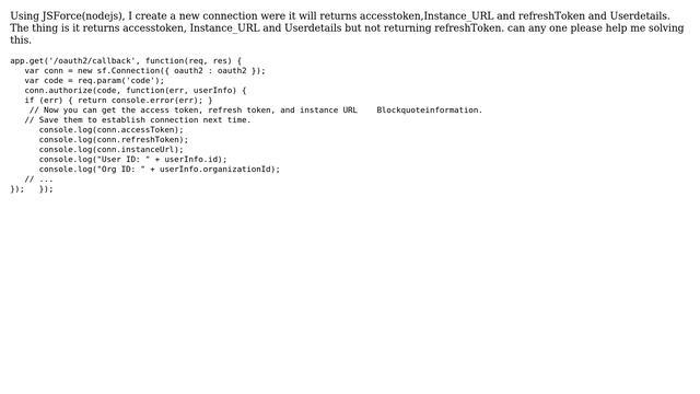Salesforce: JsForce(nodejs) for the Oauth, its not returning RefreshToken смотреть онлайн