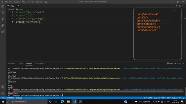 escape sequence in python | in Hindi | python full course for beginners[2021] |#13 смотреть онлайн