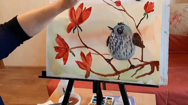Рисование для детей. Рисуем акварелью. Птичка на веточке. Часть 2. смотреть онлайн