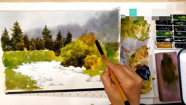 Watercolor landscape painting - Little Stream in the Forest смотреть онлайн