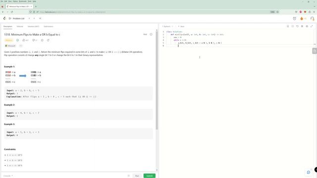Minimum Flips to Make a Or b Equal to c - LeetCode 1318 - Python смотреть онлайн