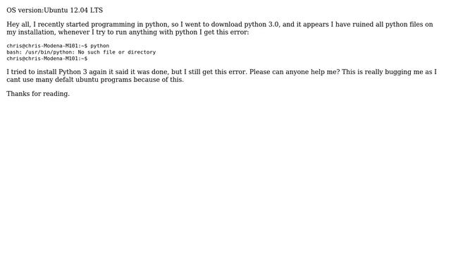 Ubuntu: "/usr/bin/python" missing after installing Python 3.0 смотреть онлайн