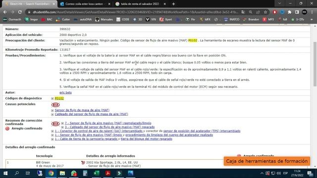 DTC P0102 | VOLUMEN BAJO DE MASA DE AIRE | KIA SPORTAGE 2002 смотреть онлайн