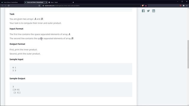 Python Ejercicio: 1104 HackerRank Calcular el Producto Interno y Externo entre Dos Arreglos NumPy смотреть онлайн