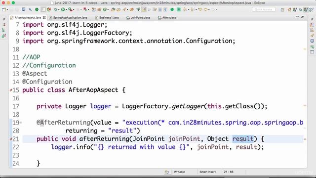Spring framework Tutorial (106 Step 05 Using @After @AfterReturning @AfterThrowing advices) смотреть онлайн