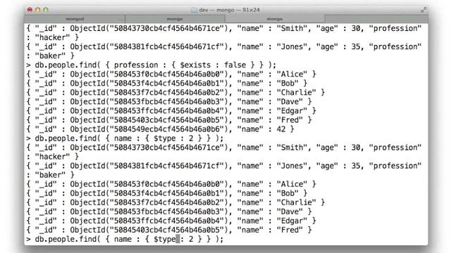 10 Using regexes, $exists, $type смотреть онлайн