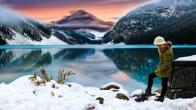 Картинка зима. Озеро, композиция, девушка, горы, снег, отражение. смотреть онлайн