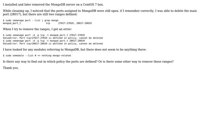 DevOps & SysAdmins: CentOS 7 Cannot delete ports defined for MongoDB смотреть онлайн