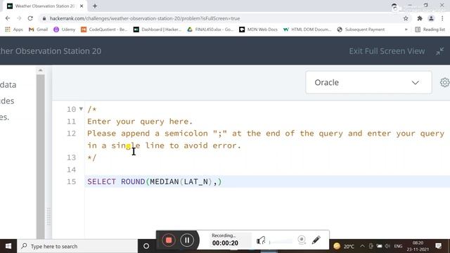 WEATHER OBSERVATION STATION 20 - HACKERRANK SOLUTION || SQL || IN ORACLE смотреть онлайн