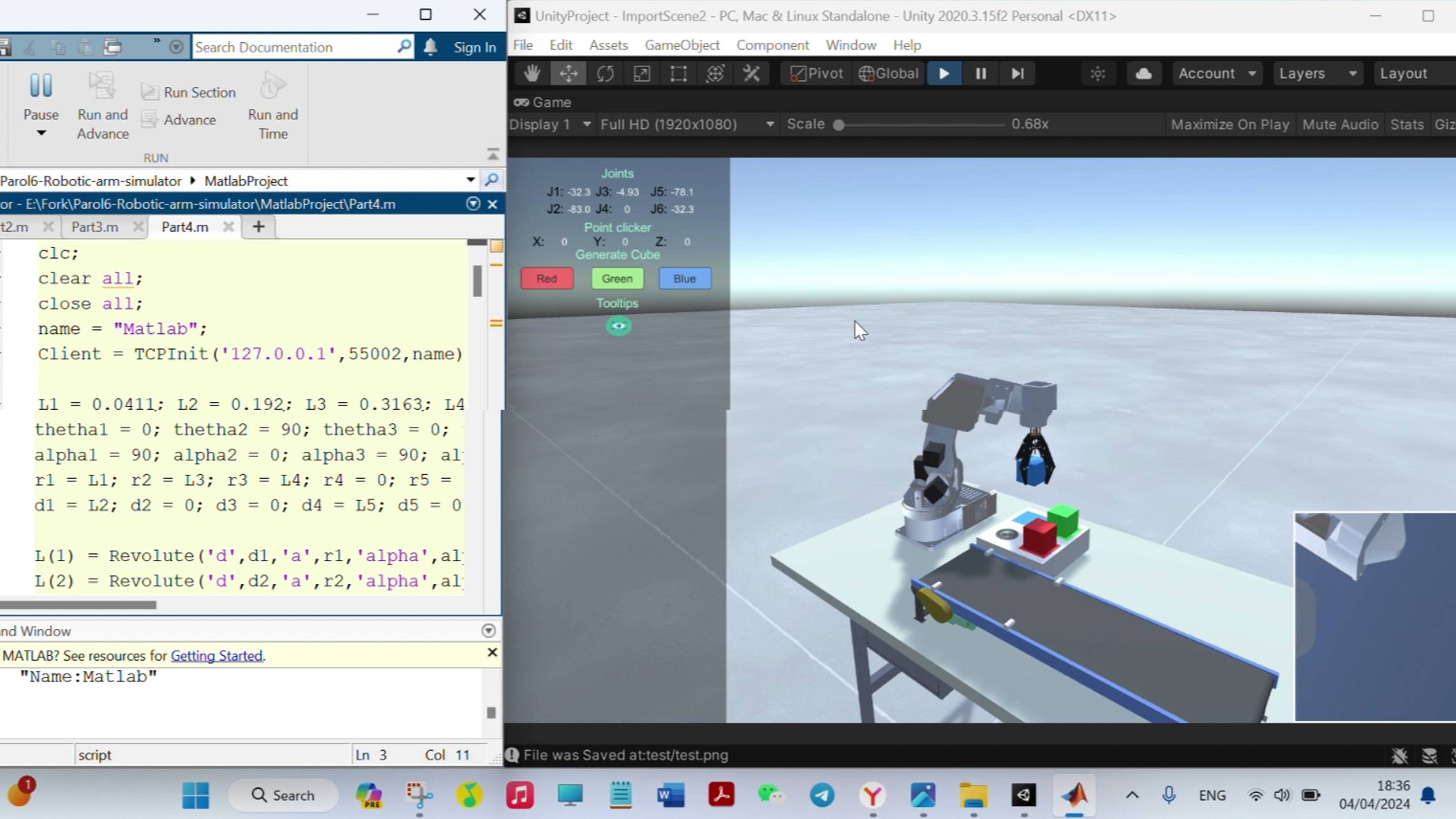 Parol6 Robotic arm Unity simulator with Matlab control смотреть онлайн