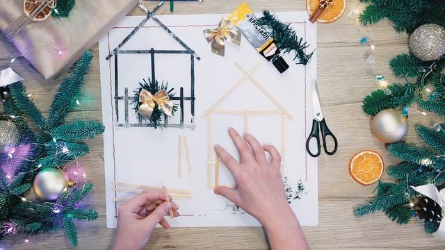 Елочные игрушки из палочек для мороженого: ёлочки, избушка, снеговик смотреть онлайн