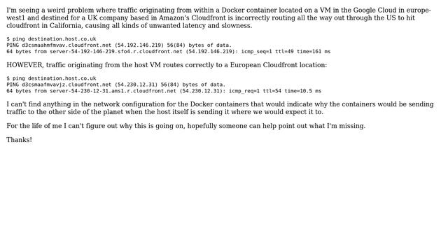 Traffic from within Docker containers routing incorrectly-- traffic from Docker host routes... смотреть онлайн