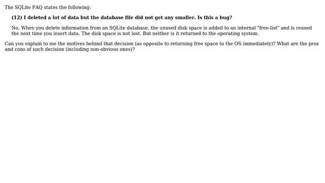 Why is SQLite adding unused disk space to "free-list" after deleting a lot of data in a database? смотреть онлайн