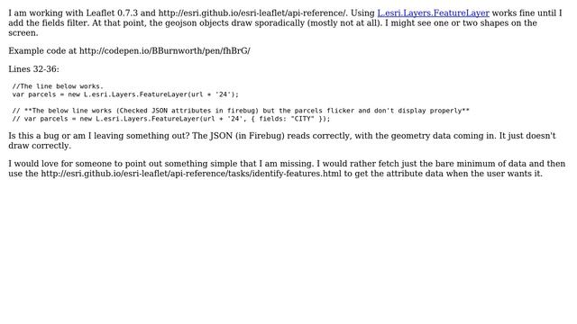 GIS: Leaflet & Esri-Leaflet: JSON objects not drawing correctly when using 'fields' filter смотреть онлайн